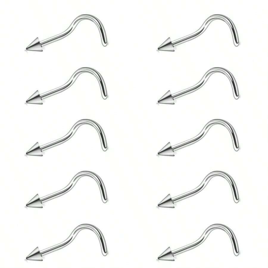10pcs Stainless Steel Round Ball Nose Studs & Cone S-Post Nose Rings Piercing Jewelry