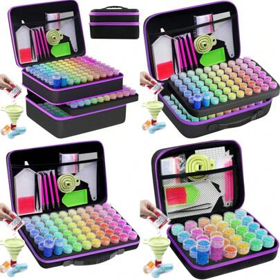 Pudełka do przechowywania malowanych diamentów, pojemniki, 30/60/120/240 gniazd, przechowywanie koralików z 5D diamentowymi akcesoriami artystycznymi i zestawem narzędzi, odporne na wstrząsy słoiki na biżuterię, koraliki, pierścionki, zawieszki, brokatowe cyrkonie (fioletowe)