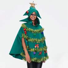 Christmas Tree Poncho Costume Adults Bow Ball Decor Hooded Cloak Cape Party Prop For Cosplay Party - Green - View 4