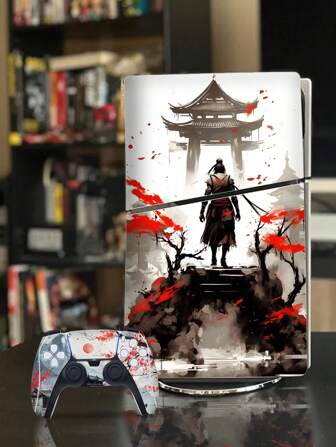 1 pieza Pintura de tinta con patrón de espadachín oriental, autoadhesiva, resistente a arañazos, impermeable, resistente al desgaste, despegable y pegable, removible, se puede usar para decorar la versión PS5 Slim de la consola, es una buena opción para embellecer, remodelar, renovar 40x26cm