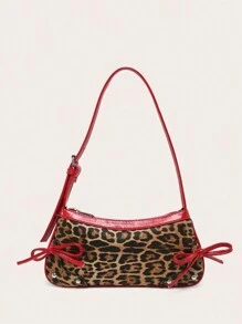 1个复古蝴蝶结装饰单肩/腋下法棍包，适合约会、外出、派对，时尚女士蝴蝶结钱包 - 紅色 - 查看 1