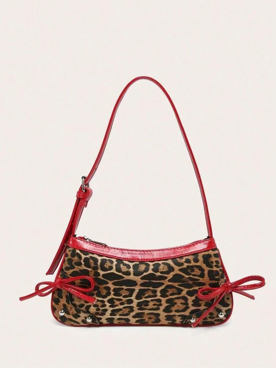 1个复古蝴蝶结装饰单肩/腋下法棍包，适合约会、外出、派对，时尚女士蝴蝶结钱包 - 紅色 - 查看 1