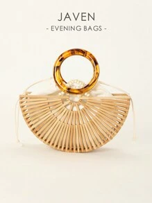 Casual Acrylic Handwoven Beach Bag With Hollow Out & Bamboo Design, Including Drawstring Inner Bag, For Beach Vacation - Beige - View 1