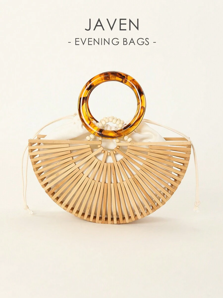 Casual Acrylic Handwoven Beach Bag With Hollow Out & Bamboo Design, Including Drawstring Inner Bag, For Beach Vacation - Beige - View 1