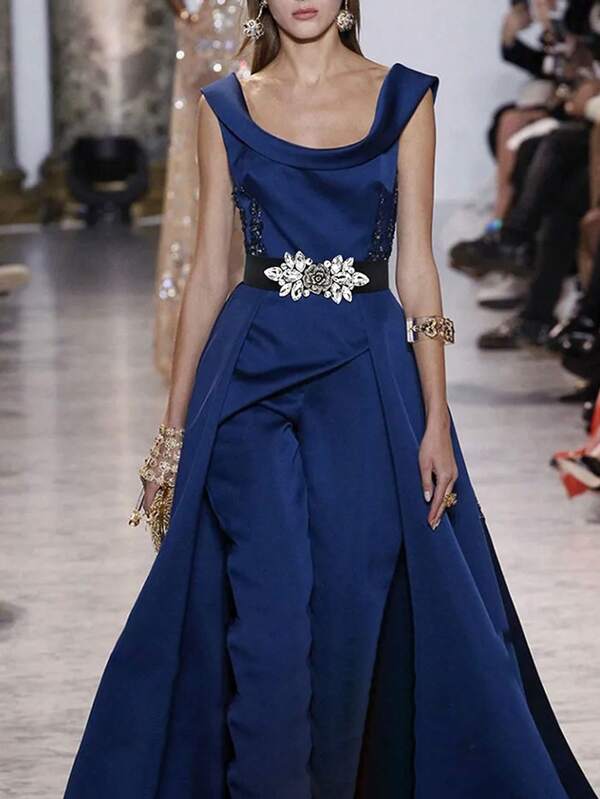 1pc White Rose With Rhinestones Decorative Elastic Waist Belt, Elegant Fashion Accessory For Dresses And Down Jackets Summer, School Fall, Autumn, Halloween