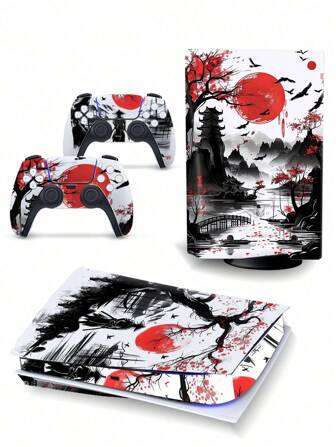 1 Set Orientalische Kampfkunst Tuschemalerei Stil Aufkleber Skin für Spielekonsole &amp; Controller, Schwarz &amp; Rot, langanhaltend, kratzfest, Vinyl Verpackung ohne Blasen