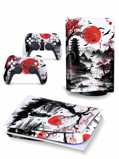 1 Set Of Game Console Stickers, Black & Red - Oriental Martial Arts Ink Painting Style Game Console Skin Stickers, Applicable To Both Console And Controller. Reusable, Durable, Scratch-Resistant, Bubble-Free Vinyl Game Console Stickers