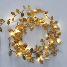 1pc 2M Artificial Gold & Silver Leaf String Lights, Glowing Leaf Garland Decoration Lights For Party, Wedding, Holiday, Christmas - Yellow - View 10