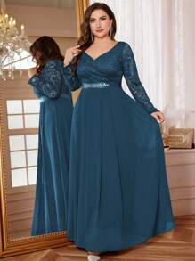 V-Neck Floral Lace Patchwork Chiffon Rhinestone Belt Formal Party Maxi Dress, Suitable For Valentine's Day, Wedding Guest, Birthday, Graduation Ceremony, Gala - Dusty Blue - View 7