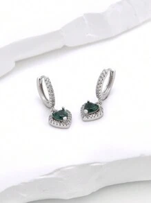 1 Pair Elegant Heart Shaped Green Cubic Zirconia 925 Sterling Silver Earrings For Women Valentines - Silver - View 2