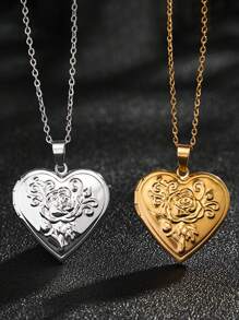 Customized Couples Jewelry Stainless Steel Silver & Gold Tone Openable Heart-Shaped Rose Patterned Photo Frame Necklace For Women,Gold,Stylish,Colorful,Vintage,Unisex,Hipster,Simple,Casual,Custom,Personalized,Unique,Ideal Gifts For Him,Ideal Gifts For Her,Her,Boyfriend,Girlfriend,Dad,Mom,Family,Friends,For Anniversaries,For Birthdays,For Graduation,For Prom,For Party,Jewelry Women