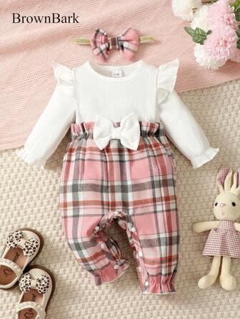 BrownBark 2件套可爱新生女宝宝格子拼接连体衣配发带，冬季套装