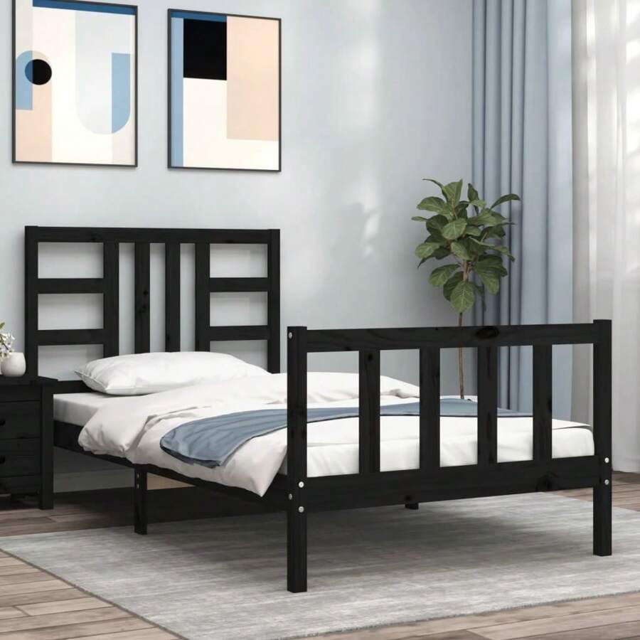 Solid Wood Pine Single Bed Frame Black 90x190 Cm No Mattress Included - Black - View 1