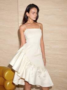 Elegant Women Solid Color Ruffle Trim Backless Dress, Valentine's Day Outfit, Spring & Summer, Party Dress, Wedding Guest Cocktail Dress