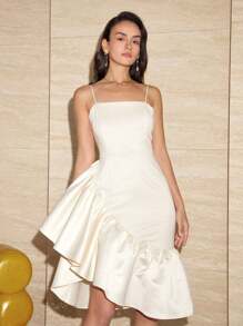 Elegant Women Solid Color Ruffle Trim Backless Dress, Valentine's Day Outfit, Spring & Summer, Party Dress, Wedding Guest Cocktail Dress
