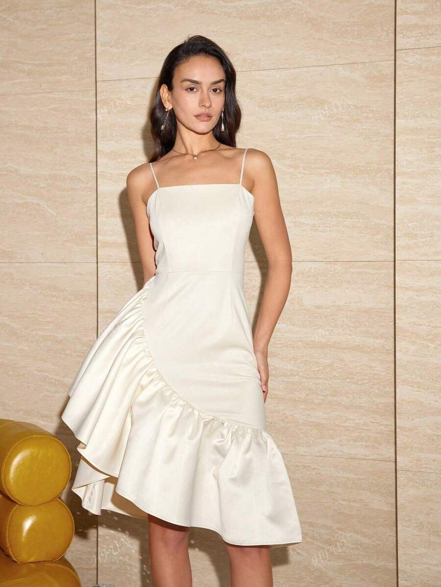 Elegant Women Solid Color Ruffle Trim Backless Dress, Valentine's Day Outfit, Spring & Summer, Party Dress, Wedding Guest Cocktail Dress