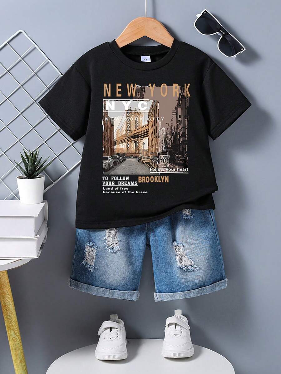 Young Boy Landscape Print Short Sleeve Tee And Denim Shorts - Black - View 1