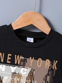 Young Boy Landscape Print Short Sleeve Tee And Denim Shorts - Black - View 3