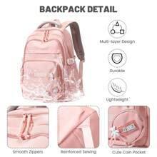 Sac a Dos Femme, Cartable Fille Collège Loisir, Sacs Filles Cartables Scolaires Etanche Nylon Sac à Dos Ordinateur 15.6 pouces Pour L'école et les Voyages - Rose