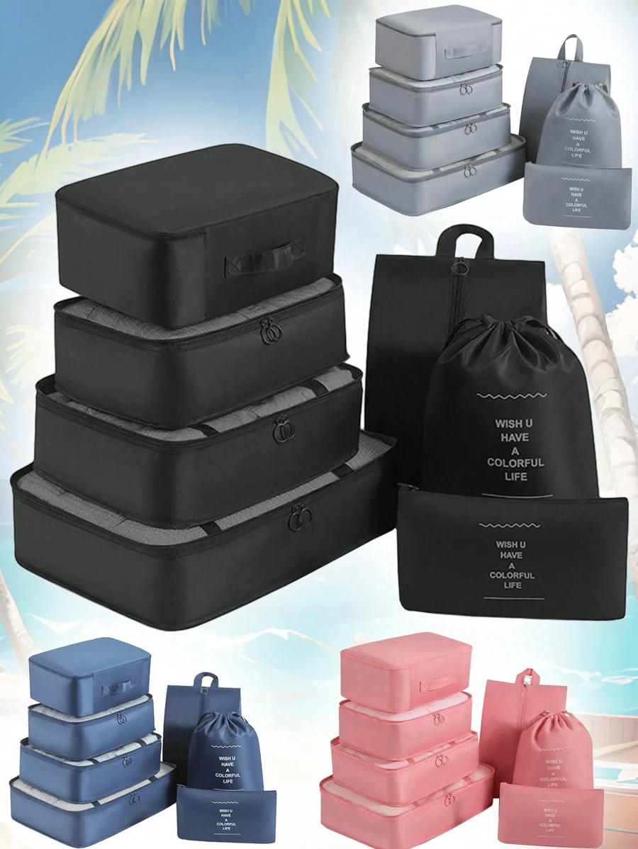 8/7 件套防水旅行收纳袋，便携式行李袋，衣物收纳袋，简约涤纶行李袋，适合化妆包，护肤包，大容量衣服袋，衣服分类套装，波西米亚风 - 彩色 - 查看 1