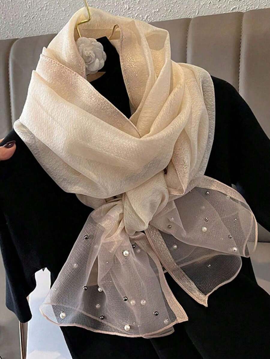 1 chiếc khăn lụa tơ tằm thật nhiều màu đính hạt ngọc trai giả nhiều màu cho nữ, khăn trùm đầu nhiều màu sắc nhấp nháy cá nhân thanh lịch, khăn choàng nhẹ để chống nắng khi đi du lịch mùa hè, khăn choàng ấm áp cho mùa thu/đông - Màu be - Xem 1