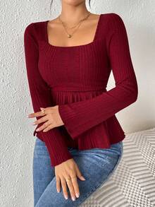 Women's Square Neck Ruffle Hem Long Sleeve T-Shirt New Year - Red - View 5