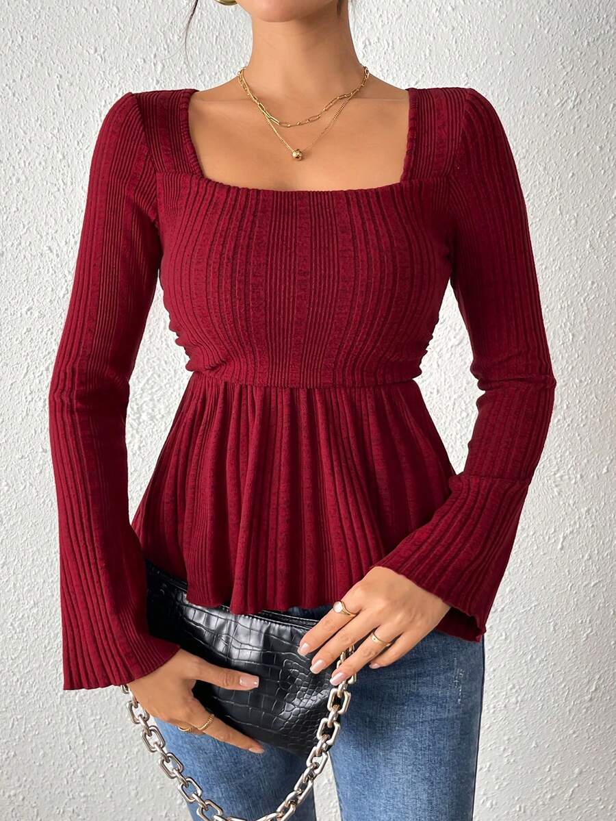 Women's Square Neck Ruffle Hem Long Sleeve T-Shirt New Year - Red - View 1