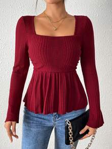 Women's Square Neck Ruffle Hem Long Sleeve T-Shirt New Year - Red - View 3