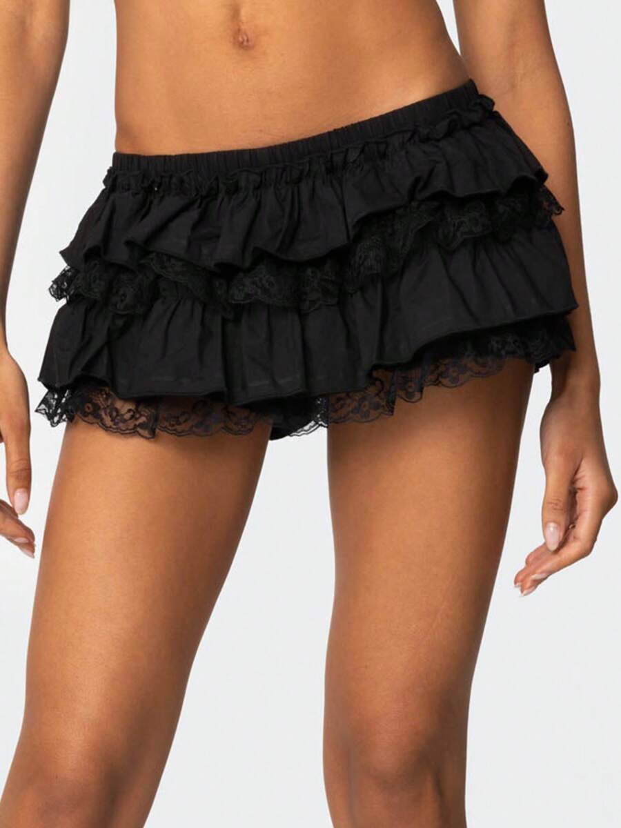 Women Y2k Lace Ruffle Bloomer Skirt Frill Tiered Solid Color Short Skirts Cute Layered Flowy A Line Mini Low Waist Short Skirt - màu đen - Xem 1
