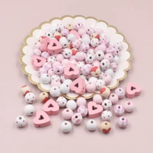 190pcs Valentine's Day Heart Shaped Hollow Wood Bead Set, Colorful Round Beads Combo For DIY Craft Decoration