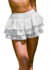 Woman Summer Floral Embroidery White Shorts Lace Trim Layered Ruffled Skirt Shorts Smocking High Waist Shorts - 白色 - 查看 1