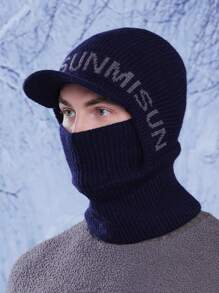1pc Men's Autumn/Winter Letter Cycling Neck Warmer & Beanie Set, Casual Windproof Knitted Embroidered Ski Hat