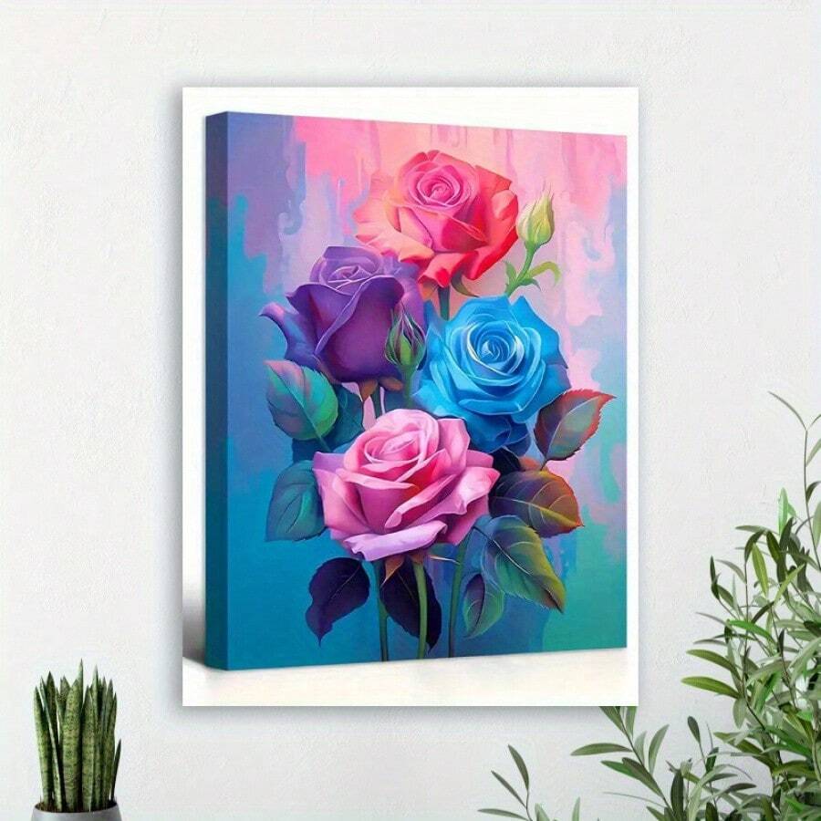 1 Pc Wooden Framed Rose Floral Pattern Wall Art Canvas Painting(1)Thickness 2.25cm/0.9inch Wall Art Prints Poster Wall Picture Decor For Home Gifts, Living Room, Bathroom, Bedroom, Kitchen