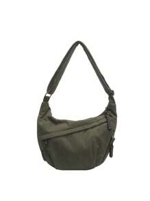 1 pieza Bolso de lona con media luna de pana de unicolor, bolso de lona plegable minimalista y ligero con múltiples bolsillos, cierre con cremallera, adecuado para estilo casual de verano, ir y venir, deportes, estilo universitario, estilo callejero y viajes - Verde - Ver 8