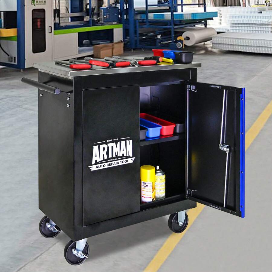 Double-Door Clapboard Multi-Function Tool Cart, Black+Blue - Black+Blue - View 1