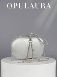 OpulAura 优雅缎面盒式手拿包晚宴包，奢华闪亮水晶装饰链条装饰，精致黑色正式派对钱包，适合舞会、派对、宴会、生日派对，可用作生日礼物，新娘手拿包 - 銀色 - 查看 2