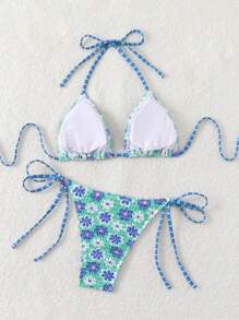 New Soft Fabric Solid & Printed Spaghetti Strap Drawstring Bikini Set, Fashionable Women Swimming Suit For Summer Beach