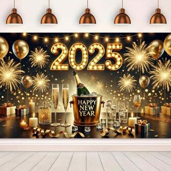 1 件 2025 新年快乐派对横幅，55 英寸，香槟和烟花设计，涤纶，无需电源 - 非常适合庆祝和摄影