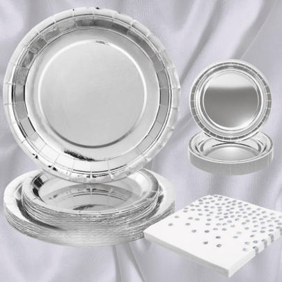 Silvery Paper Plates Napkins, 7"/9" Foil Silvery Disposable Plates, Party Plates Cake Dessert Plates, Tableware Dinnerware Set Supplies For Daily Meals Birthday Baby Shower Holiday Picnic Graduation Wedding Dinner