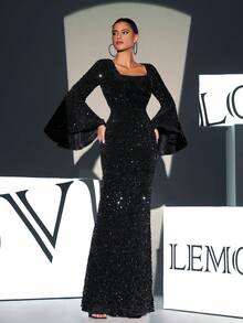 Black Long Sleeve Flared Cuff Square Neck Sequin Maxi Evening Gown - Black - View 2