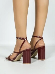 安科拉女士酒红色方头粗跟高跟鞋，日常通勤百搭舒适优雅简约设计，拉长身形，春夏穿搭 - 酒紅色 - 查看 5