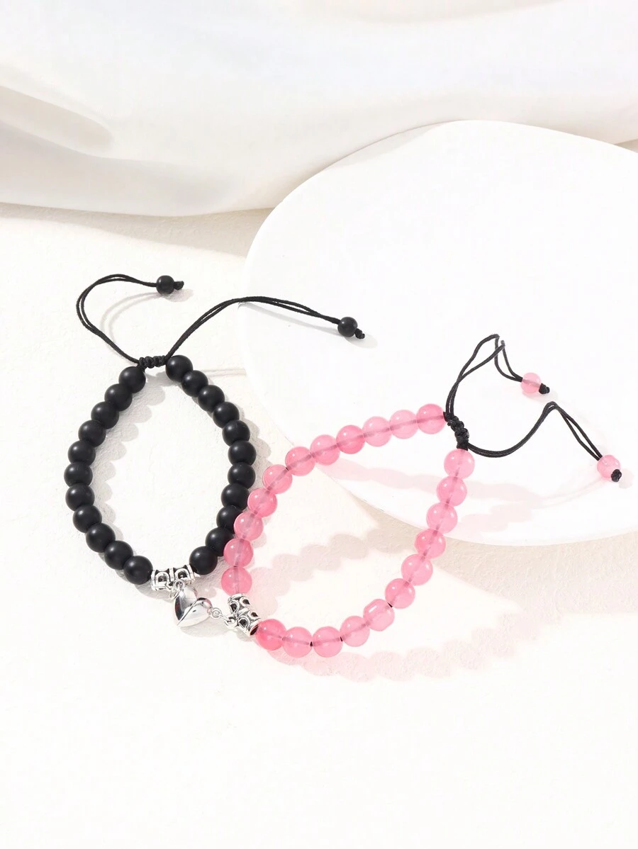 2 件磁铁情侣手链 适合女士男士浪漫心形配对天然石珠瑜伽手链情人节礼物珠宝情人节 - 彩色 - 查看 1