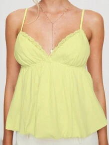 Women's Sweet Slim Camisole Spaghetti Strap Lace Trim V-Neck Flowy Hem Tank Tops - Yellow - View 1