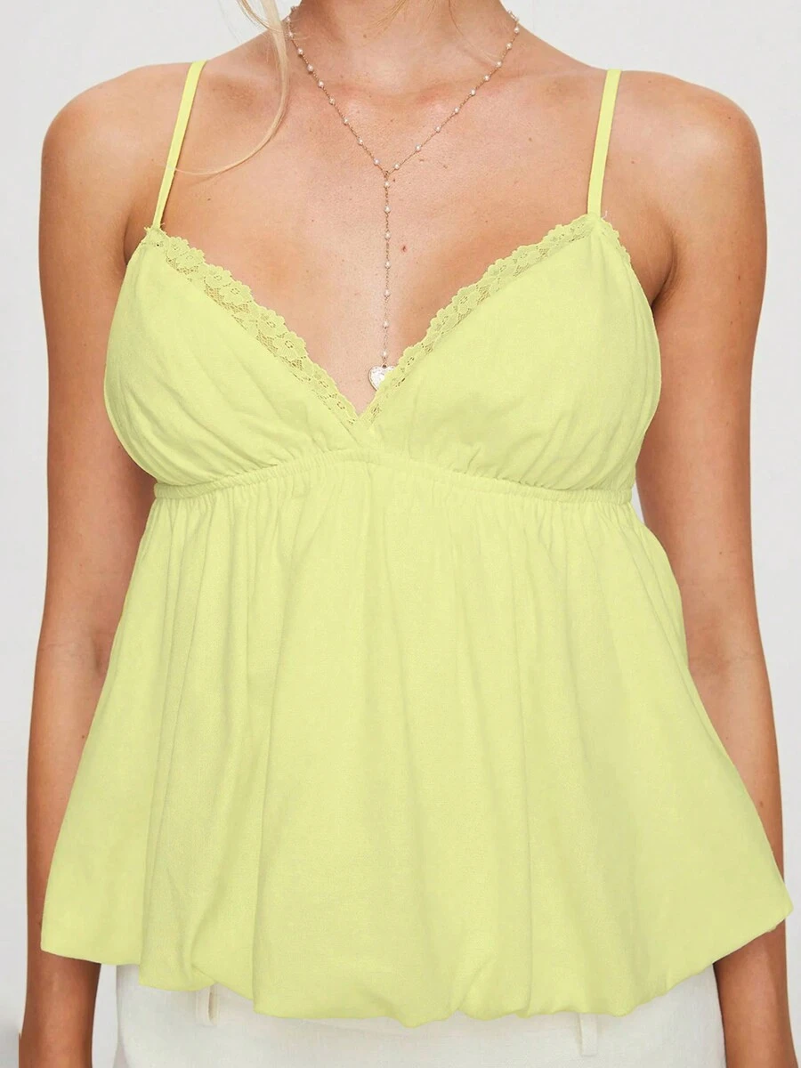 Women's Sweet Slim Camisole Spaghetti Strap Lace Trim V-Neck Flowy Hem Tank Tops - Yellow - View 1