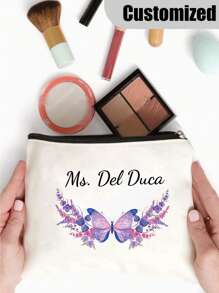 1 Stück personalisierte rosa Schmetterling & Blumen Brustkrebsbewusstsein Make-up Tasche, leichter Polyester Kosmetikbeutel, personalisierter Name, mit Reißverschluss, Reise-Toilettenartikel Organizer, modisches Geschenk für sie, maschinenwaschbar, weiß, Schulmaterial, für Lehrergeschenke, für Universität, für Kollegen, für Studentenwohnheime, für Lehrer, für Jungen und Mädchen, für Teenager, Schüler der Sekundarstufe I, Schüler der Sekundarstufe II, Studenten, Erstsemester, Zweitsemester, Unterstufenschüler - Beige - Übersicht 3