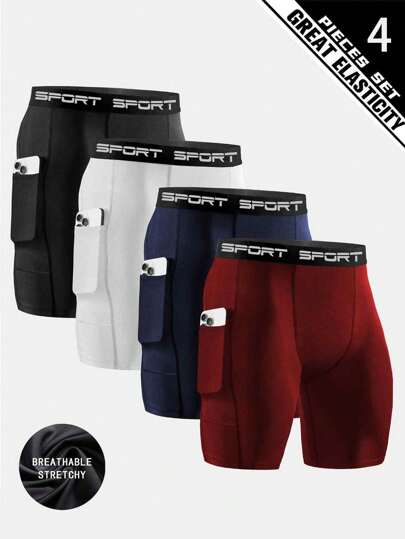 4 条装男士高弹力压缩短裤，快干涤纶跑步健身口袋短裤，带侧袋，透气针织面料，纯色，适合运动和训练