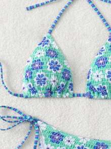 New Soft Fabric Solid & Printed Spaghetti Strap Drawstring Bikini Set, Fashionable Women Swimming Suit For Summer Beach