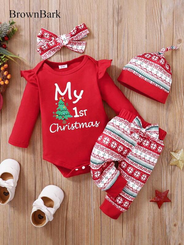 BrownBark 4 piezas/Set Conjunto casual de otoño para niñas bebé en Navidad, sudadera de manga larga con estampado de letras + pantalones + diadema + gorro
