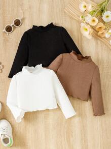 3pcs Set Baby Girls Casual Ribbed Knit Turtleneck Long Sleeve Undershirts - Multicolor - View 1