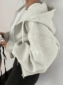 Women's Solid Color Hooded Zipper Front Sweatshirt,Long Sleeve Tops - Light Grey - View 2
